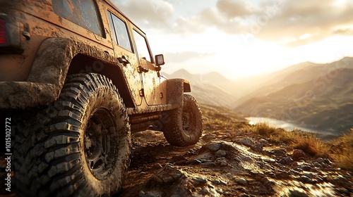 A rugged, dirty off-road vehicle parked on a rocky terrain during sunset, surrounded by mountains and a peaceful lake.