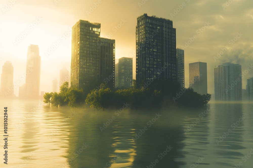 A serene, abandoned cityscape emerges from the water, with eerie buildings surrounded by mist and illuminated by a haunting sunset. A serene, abandoned cityscape emerges from the water, with eerie buildings surrounded by mist and illuminated by a haunting sunset.