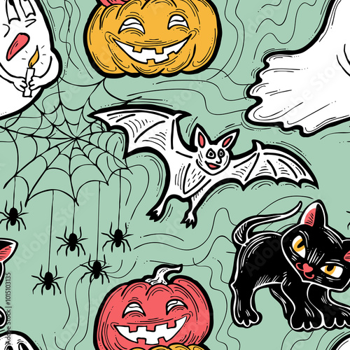 Halloween seamless pattern with pumpkin, ghost, bat. Decoration for party celebration, fabric print. textile design, backdrop and background, wrapping paper, scrapbooking. Hand drawn cartoon character