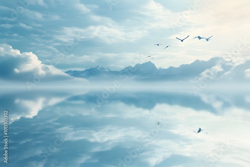 A serene landscape of soft blue skies and clouds reflecting on calm water  featuring birds flying gracefully in the distance.