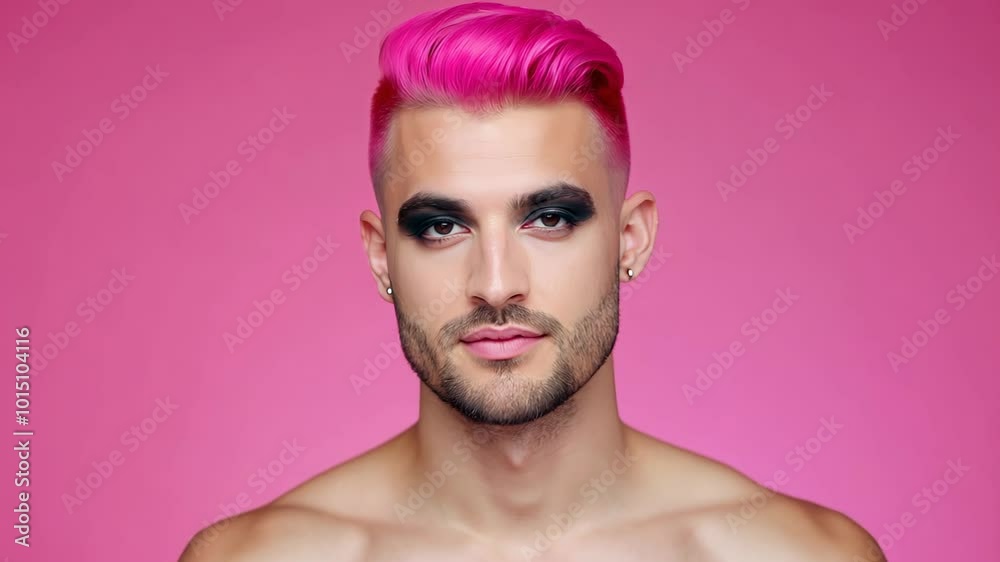 Shirtless young man with bright pink hair and bold eye makeup, posing ...