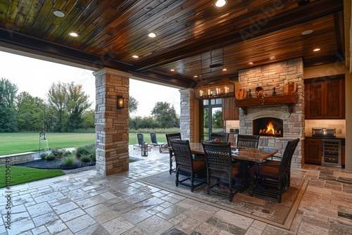 Outdoor covered patio with stone fireplace, dining table, chairs, built-in kitchen, tiled floor, green grass, skylights