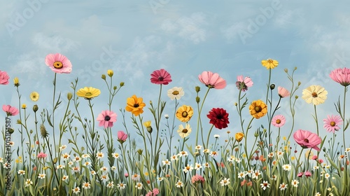 A colorful field of wildflowers blooms under a clear blue sky  showcasing a variety of flower types in pink  yellow  and red hues.