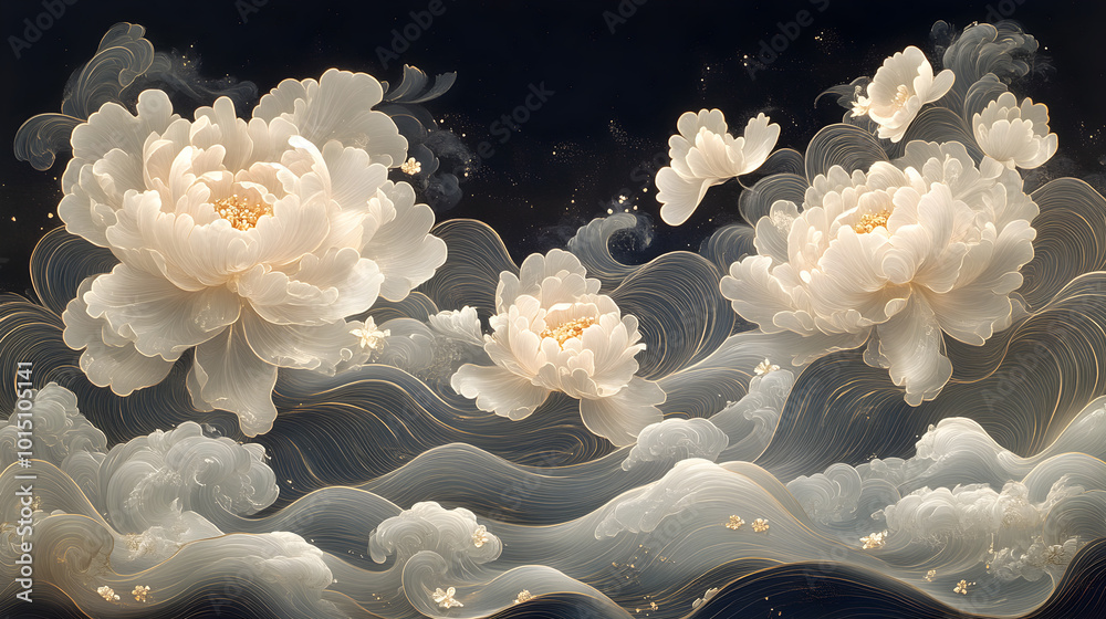 Imaginary white flowers with beautiful lines on a dark background. Imaginary white flowers with beautiful lines on a dark background.