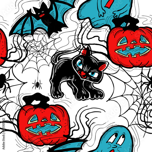 Halloween seamless pattern with pumpkin, ghost, bat. Decoration for party celebration, fabric print. textile design, backdrop and background, wrapping paper, scrapbooking. Hand drawn cartoon character