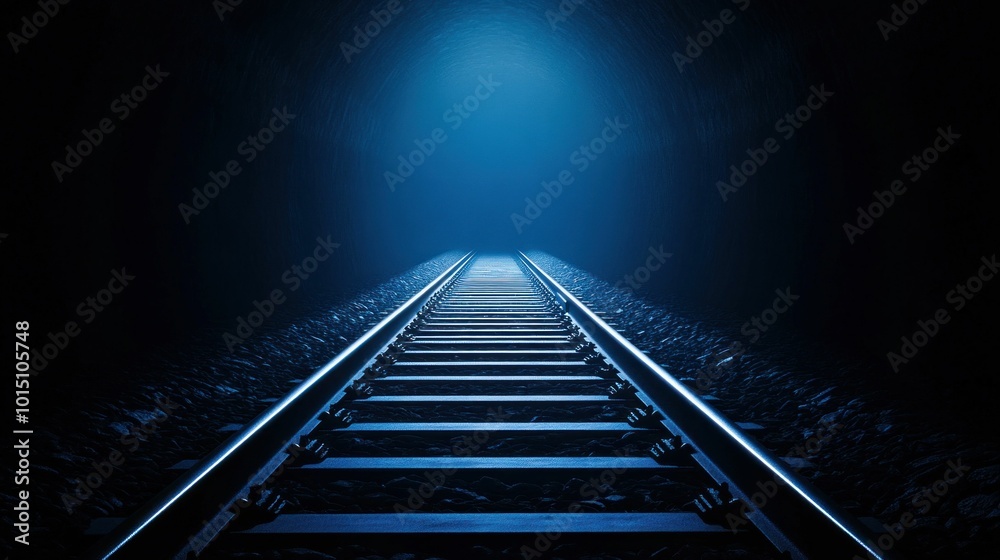 Obraz premium Empty Train Tracks Leading into Darkness on Dark Blue Background