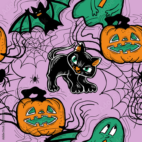 Halloween seamless pattern with pumpkin, ghost, bat. Decoration for party celebration, fabric print. textile design, backdrop and background, wrapping paper, scrapbooking. Hand drawn cartoon character
