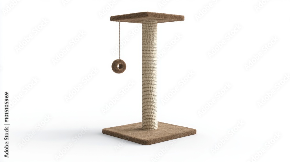 Isolated image of a cat scratching post with a dangling toy, providing a clean and simple presentation of this essential pet furniture Isolated image of a cat scratching post with a dangling toy, providing a clean and simple presentation of this essential pet furniture