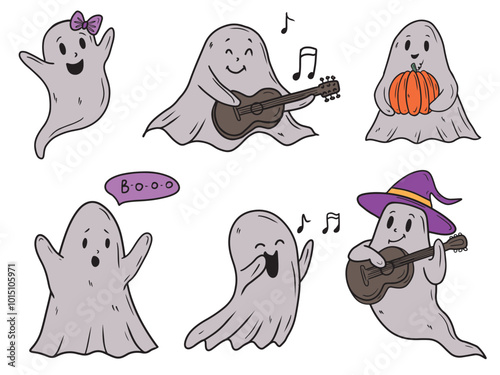 Set of different ghosts. Hand drawn vector flat illustration. Female, singing, playing guitar spook, holding pumpkin in witch's hat. Halloween characters, decorations, greeting card design, sticker.