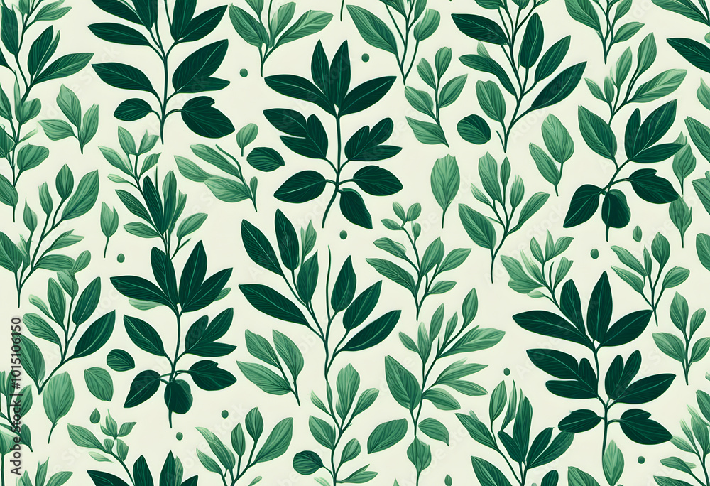 A seamless pattern featuring various green leaves on a light background. The design showcases a variety of leaf shapes and sizes, creating a lush and vibrant botanical theme. A seamless pattern featuring various green leaves on a light background. The design showcases a variety of leaf shapes and sizes, creating a lush and vibrant botanical theme.