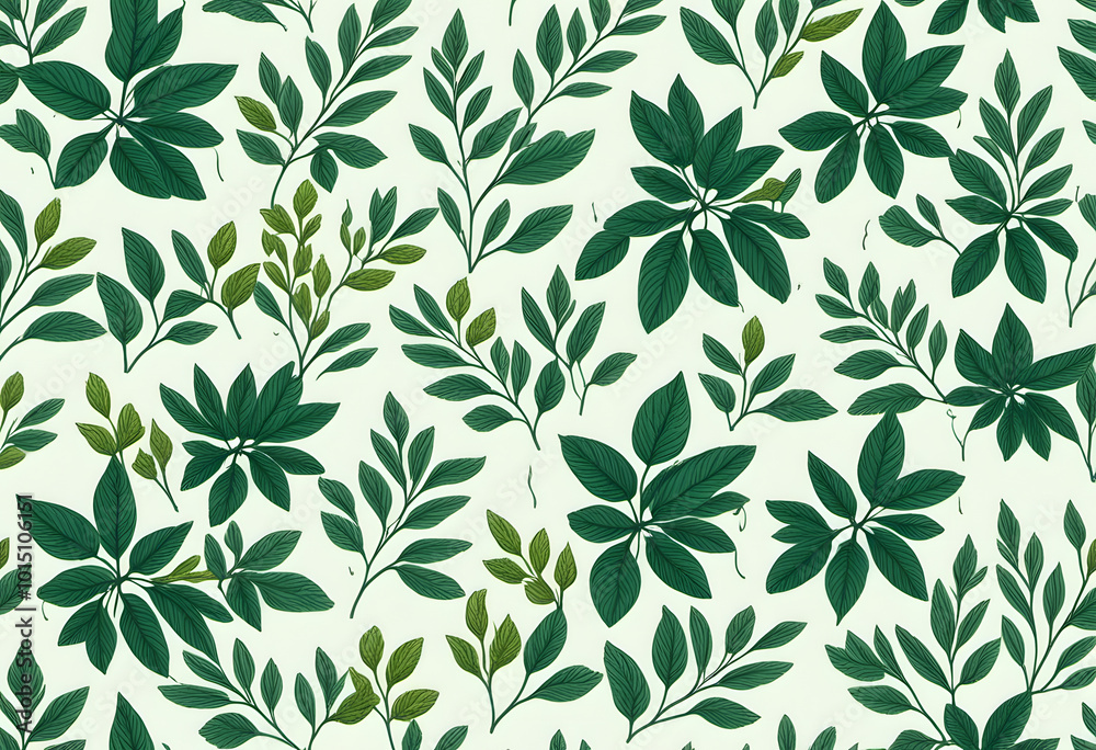 A seamless pattern featuring various green leaves on a light background. The design showcases a variety of leaf shapes and sizes, creating a lush and vibrant botanical theme. A seamless pattern featuring various green leaves on a light background. The design showcases a variety of leaf shapes and sizes, creating a lush and vibrant botanical theme.