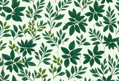A seamless pattern featuring various green leaves on a light background. The design showcases a variety of leaf shapes and sizes, creating a lush and vibrant botanical theme.