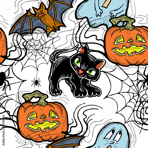 Halloween seamless pattern with pumpkin, ghost, bat. Decoration for party celebration, fabric print. textile design, backdrop and background, wrapping paper, scrapbooking. Hand drawn cartoon character