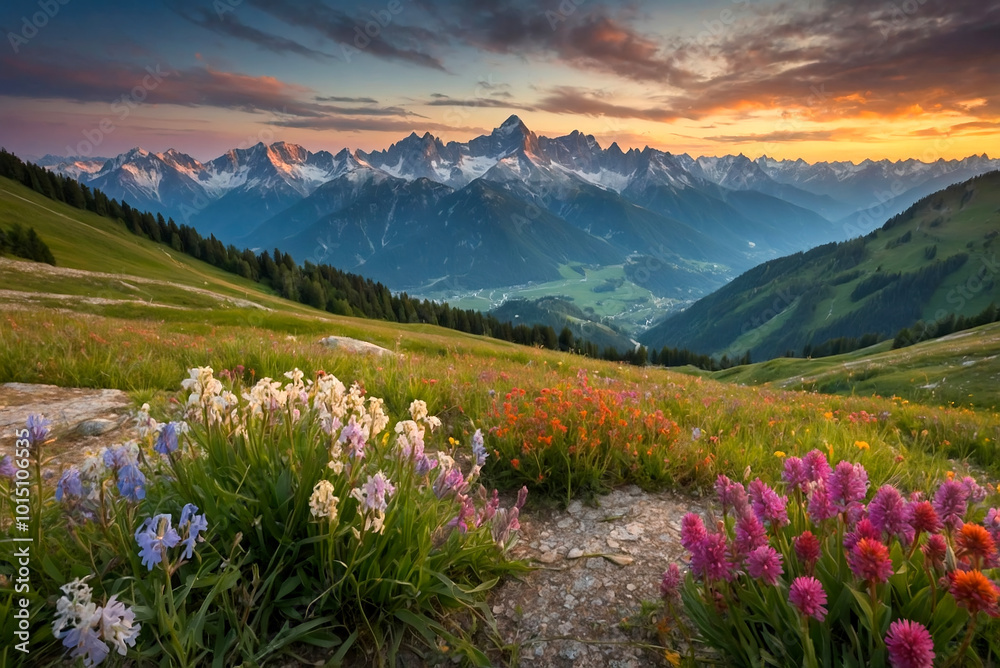 flowers in the foreground of mighty mountains in the alps flowers in the foreground of mighty mountains in the alps