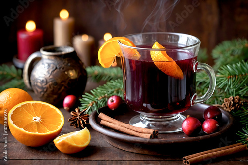 hot mulled wine on a decorative table with orange slices, star anise and cinnamon stick