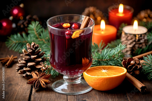 hot mulled wine on a decorative table with orange slices, star anise and cinnamon stick