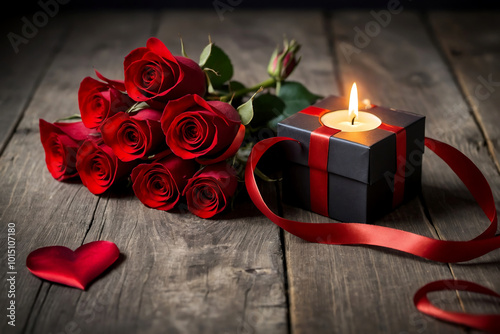 valentine's day gift box with roses and candle for valentine's day