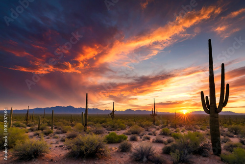 american desert landscape with cacti and sunset