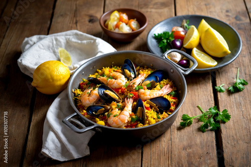 paella, traditional spanish food with prawns, mussels, rice, outside on a wooden table