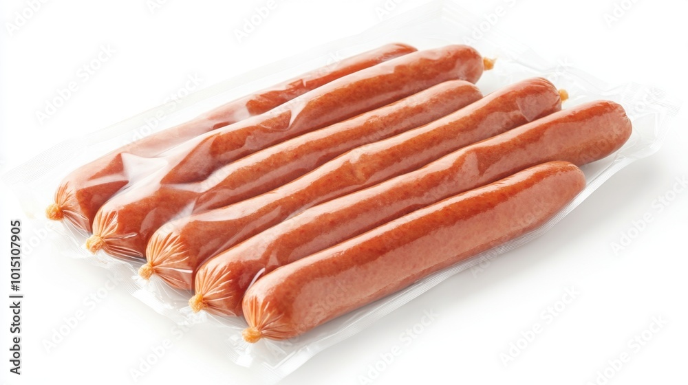 Raw hot dogs in packaging, isolated on white, perfectly cut out with clipping path, ready for food-related projects Raw hot dogs in packaging, isolated on white, perfectly cut out with clipping path, ready for food-related projects