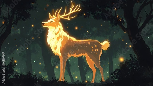 Glowing Deer Creature Stands Amidst Ethereal Magical Forest Landscape