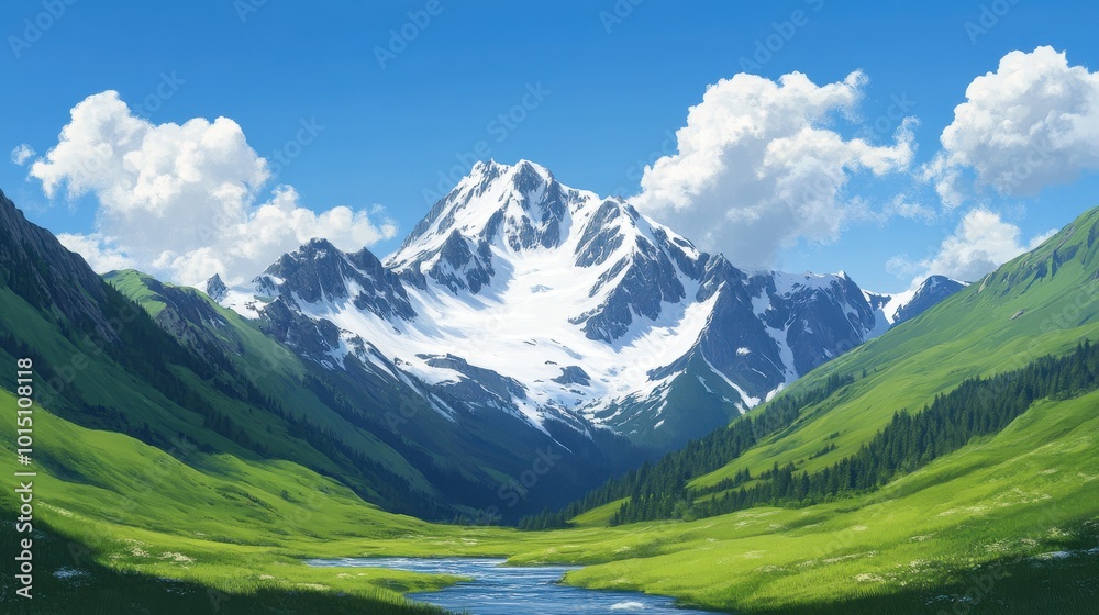 A Serene Panoramic Vista of a Snow Capped Mountain Range with a Winding River A Serene Panoramic Vista of a Snow Capped Mountain Range with a Winding River