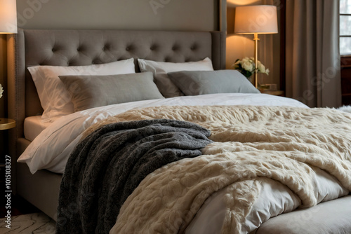 cosy, modern bedroom with stylish bed linen in soft colors.