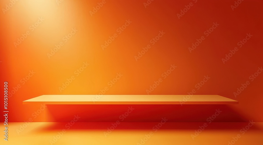 Minimalistic red-orange gradient background with empty floating shelf in modern abstract interior design Minimalistic red-orange gradient background with empty floating shelf in modern abstract interior design