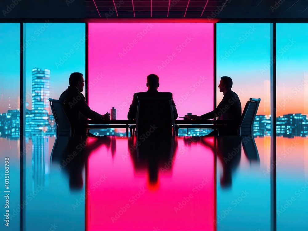 Leaders in a high-rise office, reviewing a glowing digital agenda, cityscape in the background, soft lighting, modern tech environment, cinematic Leaders in a high-rise office, reviewing a glowing digital agenda, cityscape in the background, soft lighting, modern tech environment, cinematic