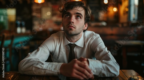 A young man in a white shirt and tie, looking up thoughtfully in a dimly lit cafe.