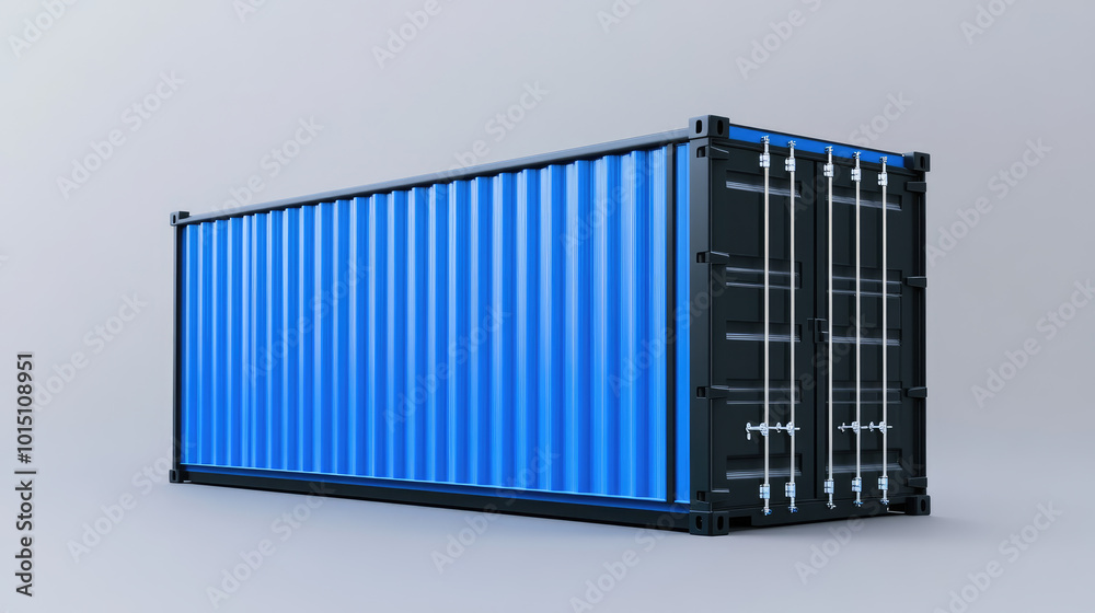 Blue shipping container standing up on gray background Blue shipping container standing up on gray background