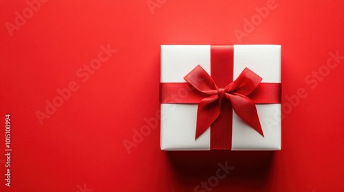 Striking image of a white gift box with a red ribbon, set against a bright red background, conveying joy and celebration