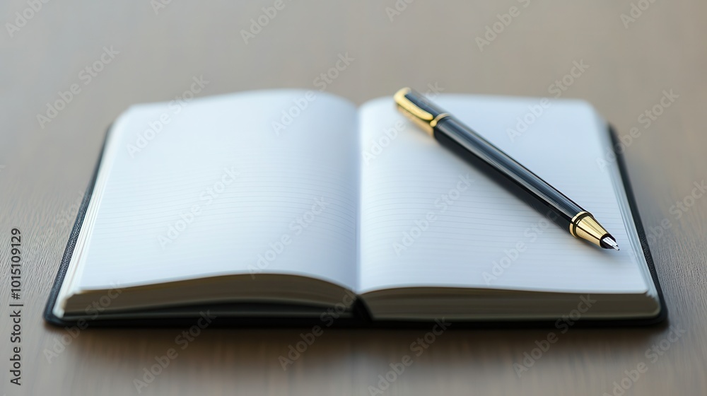 Open Notebook with Fountain Pen on Wooden Surface Open Notebook with Fountain Pen on Wooden Surface