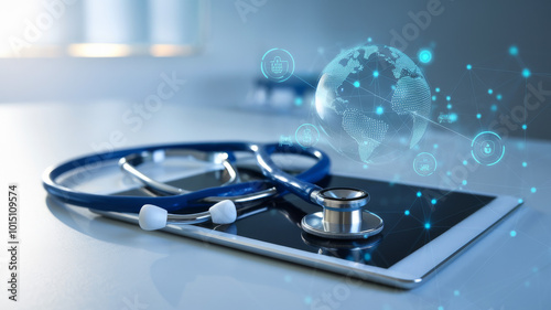 Stethoscope on a tablet with a digital globe and medical icons, representing the integration of technology and modern healthcare photo