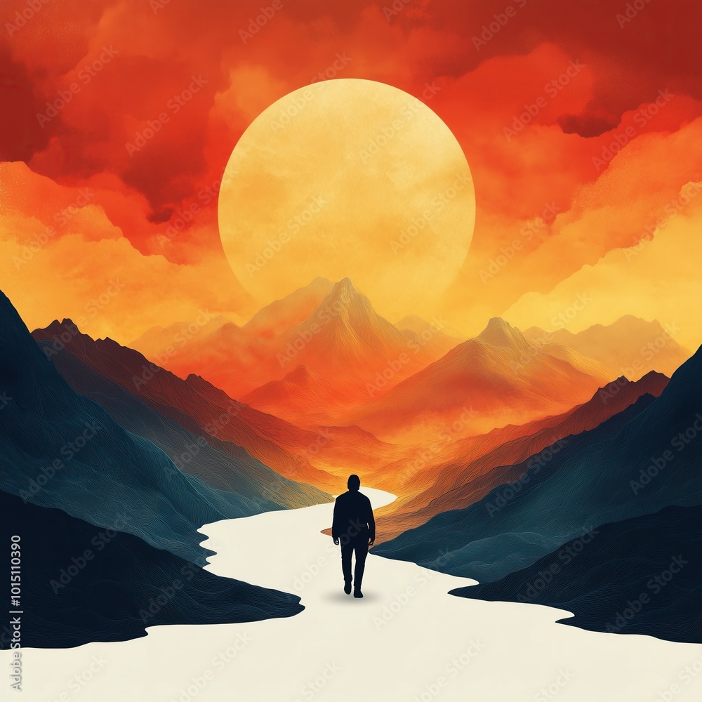 Man walking towards the horizon, poetic landscape