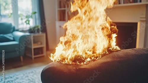 A burning room with a modern interior design, flames growing dangerously from a fireplace. The danger of fire is evident.