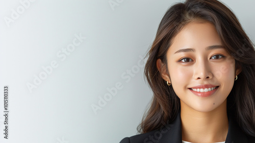 Smiling businesswoman confidently standing in an office, wearing a professional suit, representing success and happiness in a corporate setting