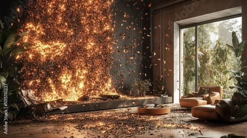 A burning room with a modern interior design, flames growing dangerously from a fireplace. The danger of fire is evident.