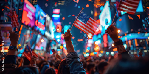 Crowd waving american flags celebrating at night in times square new york city
