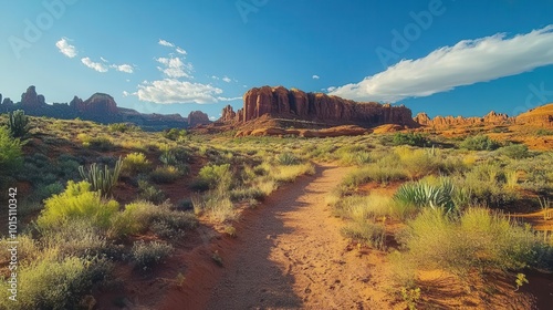 western desert landscape vibrant red sandstone buttes dominate horizon. winding path leads through sparse vegetation, cacti silhouettes add depth.