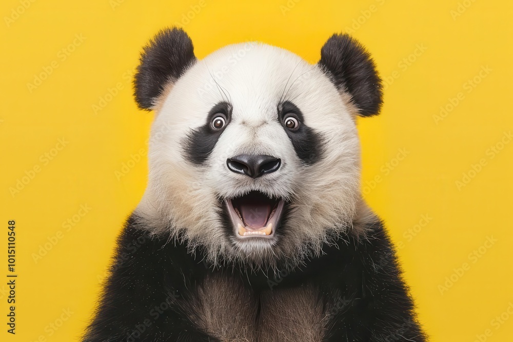 whimsical animal portrait surprised panda with comically wide eyes and open mouth, expressing amazement against vibrant yellow background whimsical animal portrait surprised panda with comically wide eyes and open mouth, expressing amazement against vibrant yellow background
