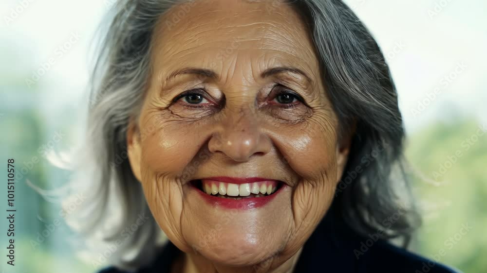 Elderly woman smiling warmly in a close-up view, showing joy and contentment under soft lighting. video Elderly woman smiling warmly in a close-up view, showing joy and contentment under soft lighting. video