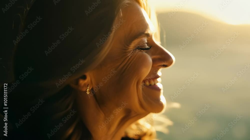Elderly woman looking up and smiling with sunlight illuminating her face. video