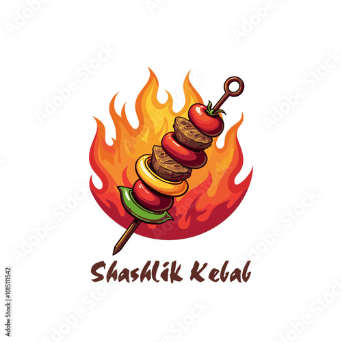 Shashlik Kebab vector logo template. Kebab or shashlik with fire flame isolated on white background. Vector illustration. Kabab, kebab restaurant logo
