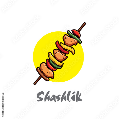 Shashlik vector logo template. Kebab or shashlik with fire flame isolated on white background. Vector illustration. Kabab, kebab restaurant logo