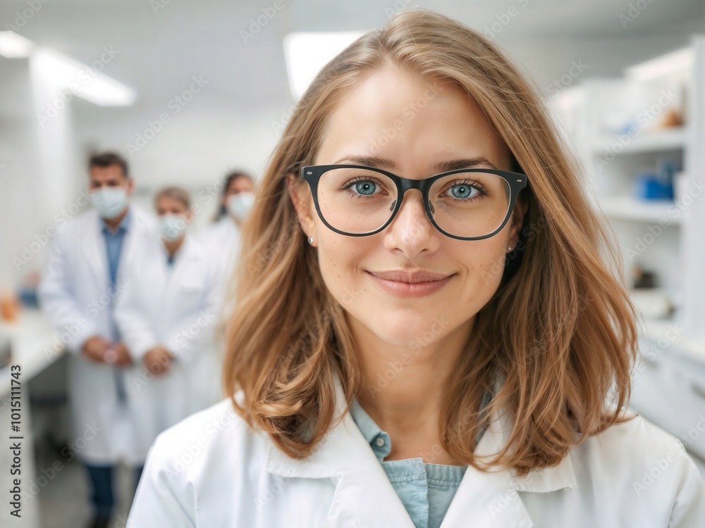 A young woman wearing a white lab coat and glasses, standing in a clinical setting with a blurred background, possibly a doctor or scientist. A young woman wearing a white lab coat and glasses, standing in a clinical setting with a blurred background, possibly a doctor or scientist.
