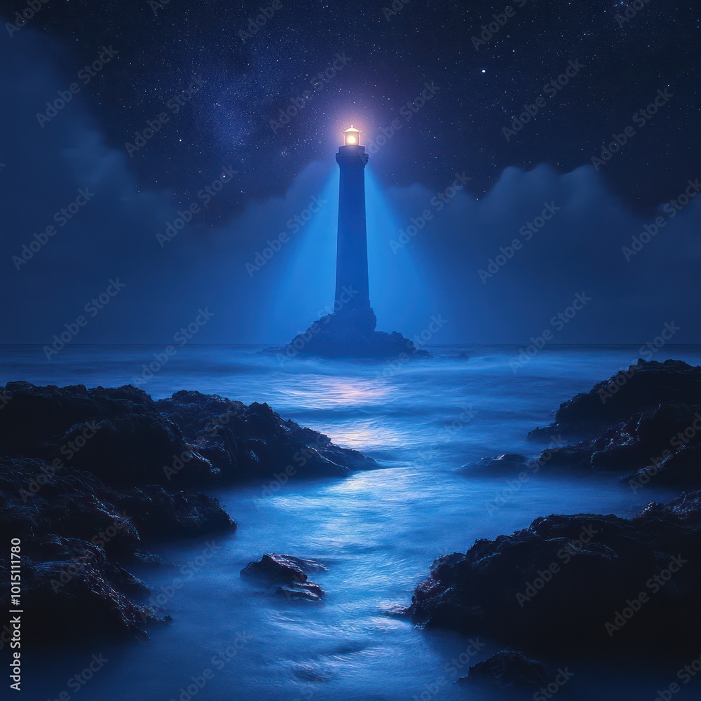 A solitary lighthouse stands tall against a backdrop of a starry A solitary lighthouse stands tall against a backdrop of a starry