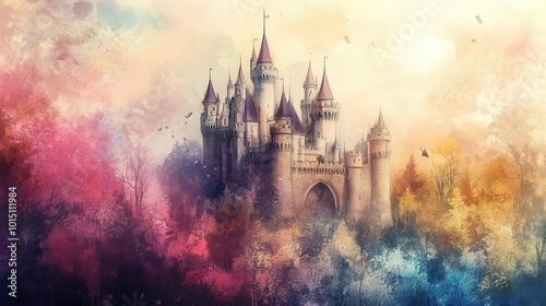 whimsical fairy tale castle, pastel colors, floating turrets, magical landscape, enchanted forest surroundings