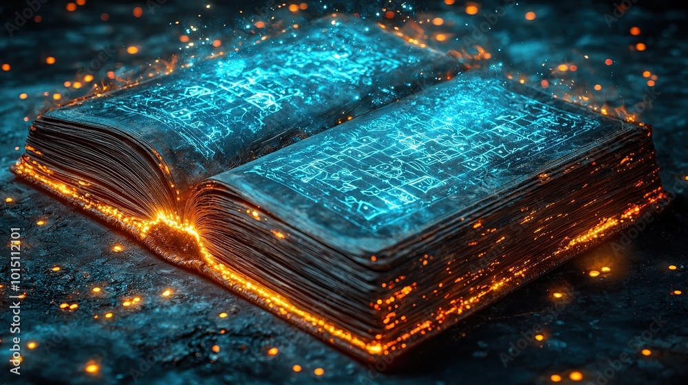 Mystical ancient book glowing with blue and orange light. Mystical ancient book glowing with blue and orange light.