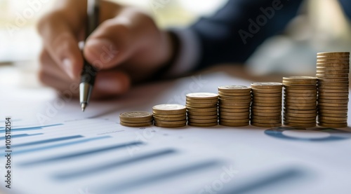 Businessman Analyzing Financial Data with Pen and Paper Near Coin Stack and Graph Chart Background, Symbolizing Strategic Financial Planning and Economic Growth